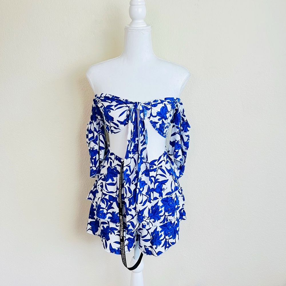 NWT PLT Blue & White Porcelain Floral Print Bardot Crop Top & Layered Shorts Set